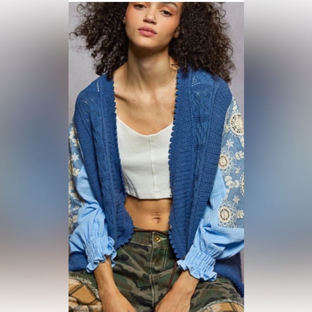 POL Blue knit cardigan Sweater large embroidered sleeves